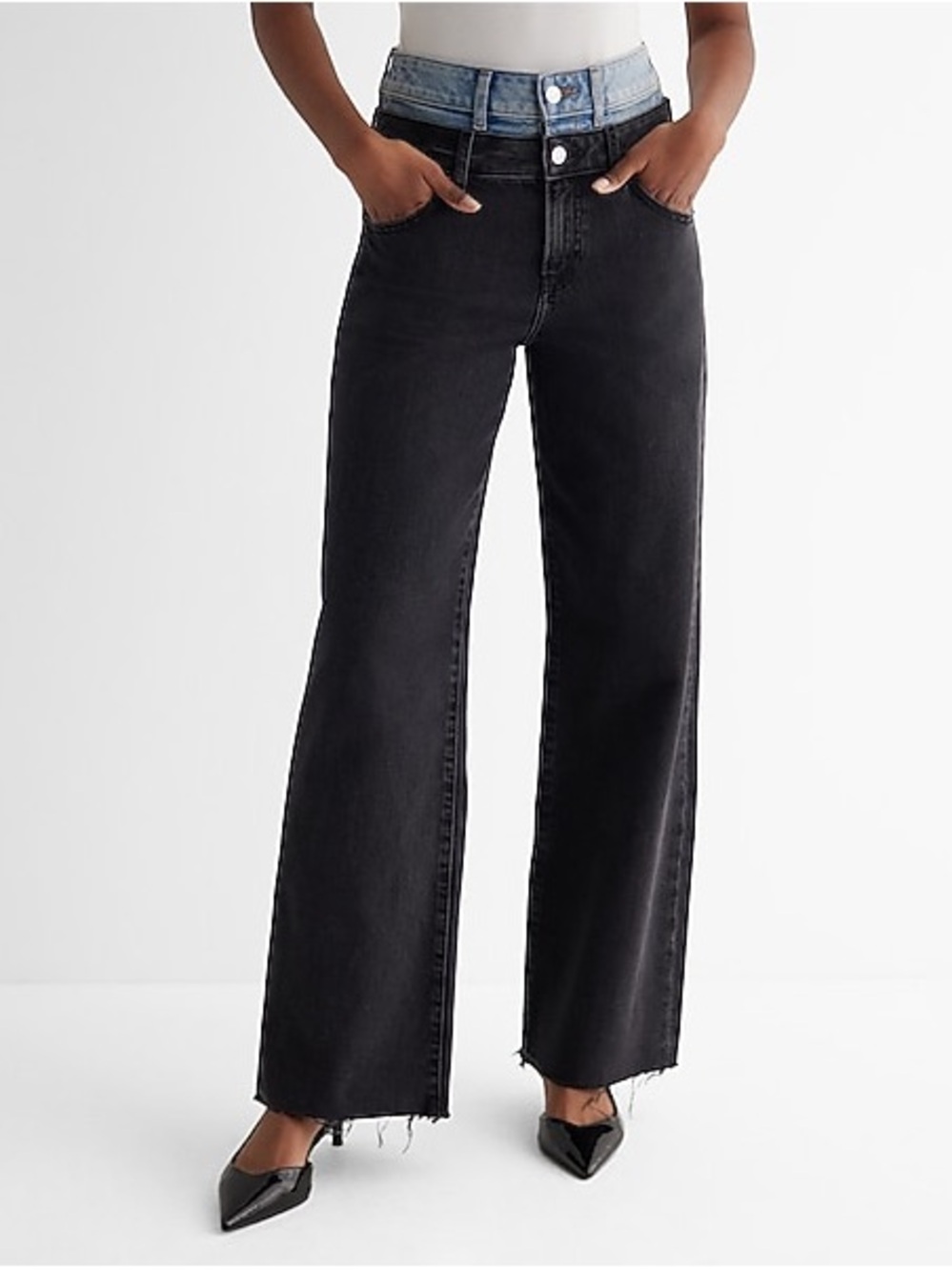 Express Black Wide-Leg Jeans with Light Blue Waistband